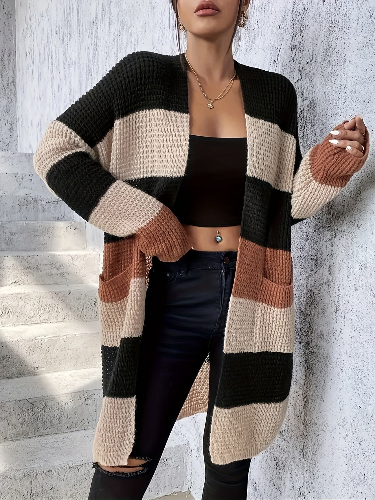 Women's Longline Cardigan | Colour Block Stripe Knit Back