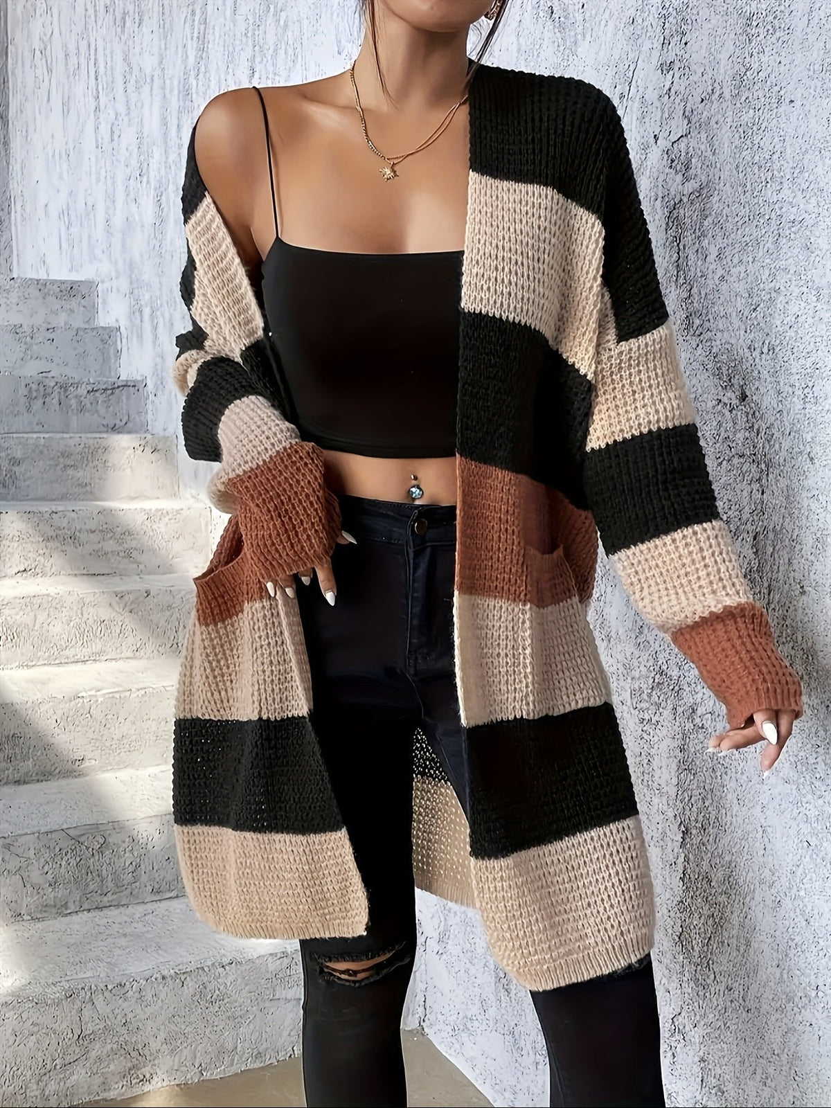 Women's Longline Cardigan | Colour Block Stripe Knit Detail