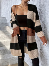 Women's Longline Cardigan | Colour Block Stripe Knit Detail