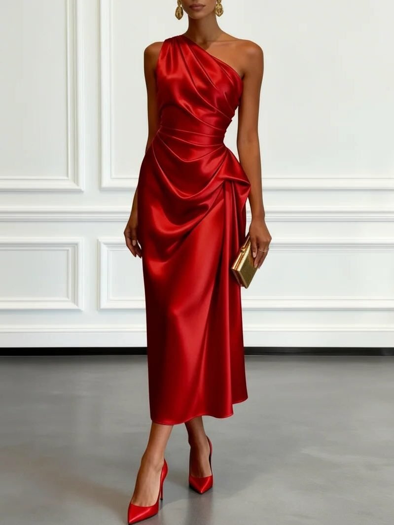 Women's One-Shoulder Midi Dress | Wedding Guest with Ruched Waist Close Up