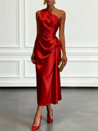 Women's One-Shoulder Midi Dress | Wedding Guest with Ruched Waist Close Up