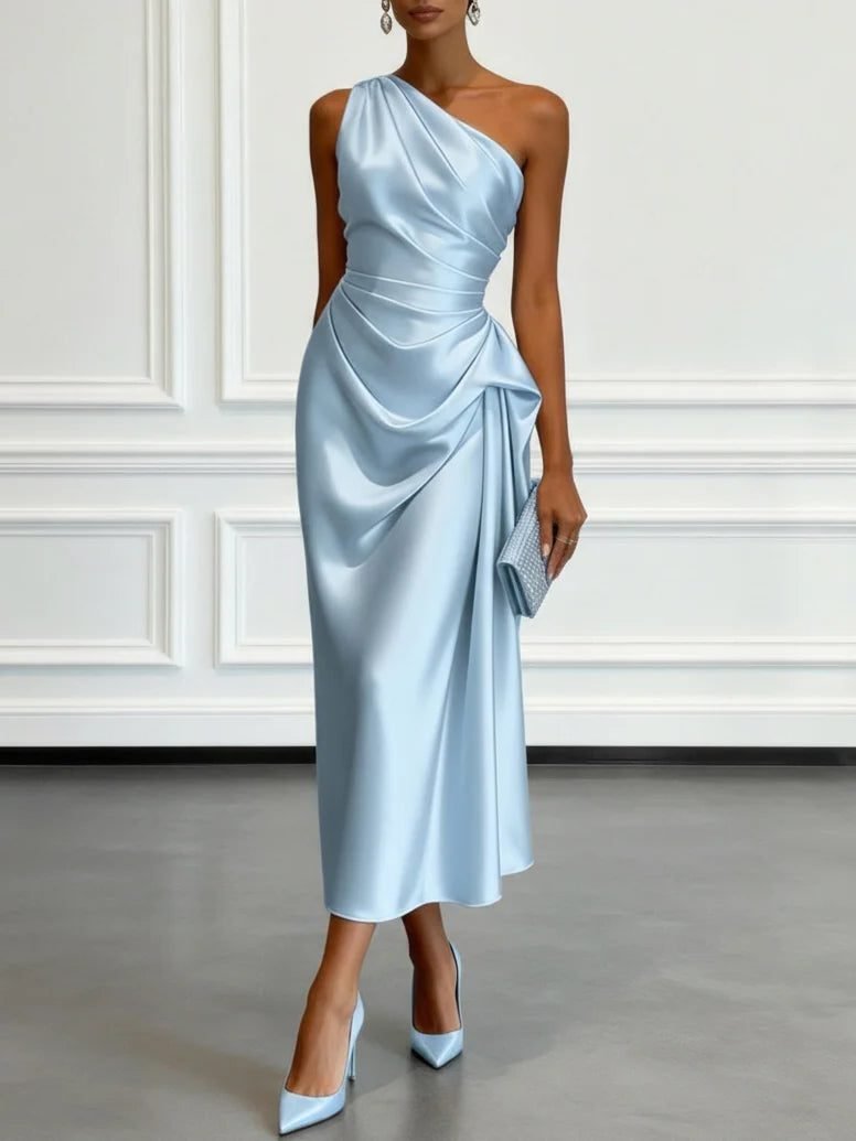 Women's One-Shoulder Midi Dress | Wedding Guest with Ruched Waist Detail
