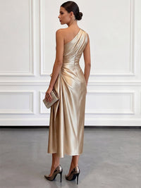 Women's One-Shoulder Midi Dress | Wedding Guest with Ruched Waist Front