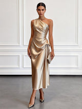 Women's One-Shoulder Midi Dress | Wedding Guest with Ruched Waist