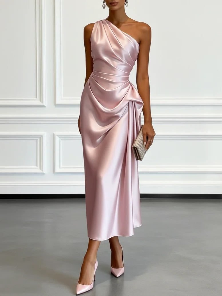 Women's One-Shoulder Midi Dress | Wedding Guest with Ruched Waist Side