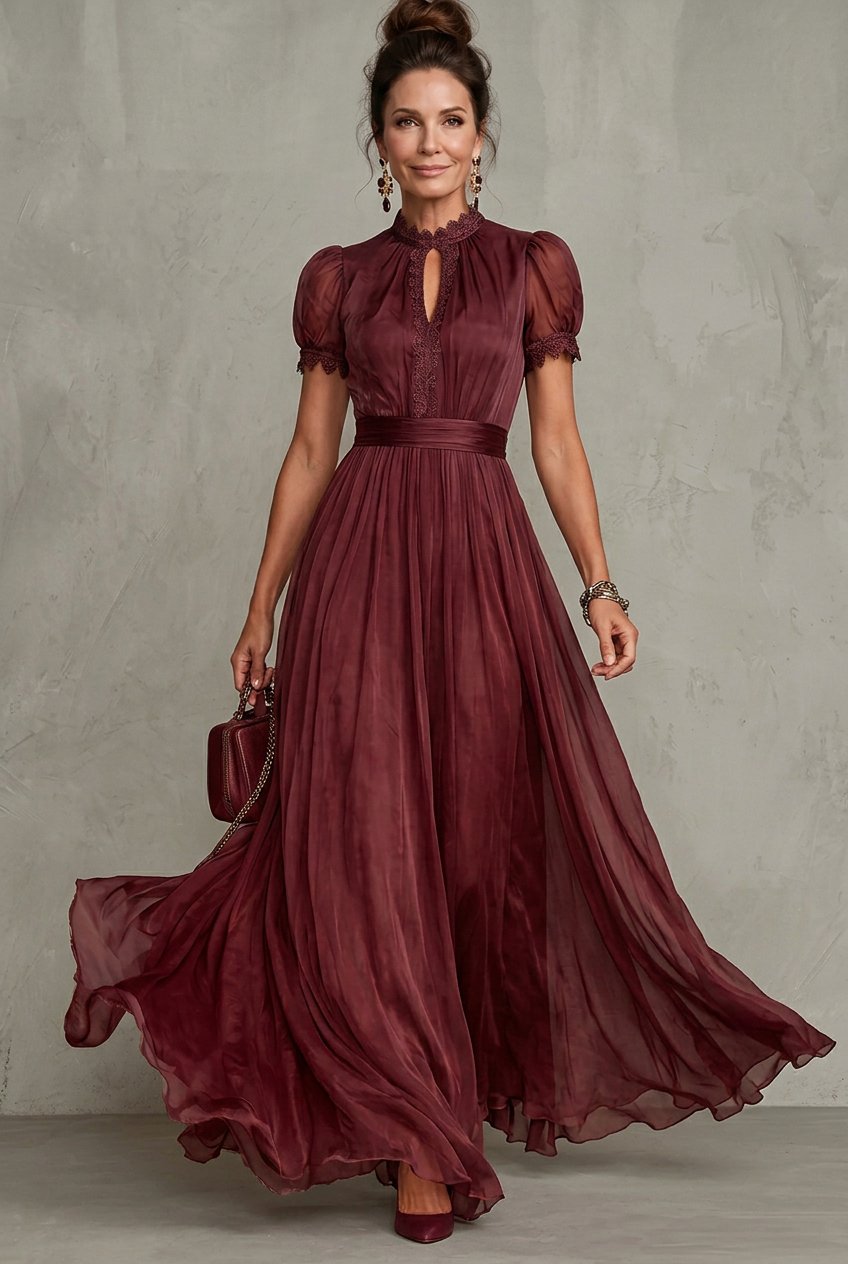 Women's Pleated Maxi Dress | Lace-Trim with Keyhole Neckline Back