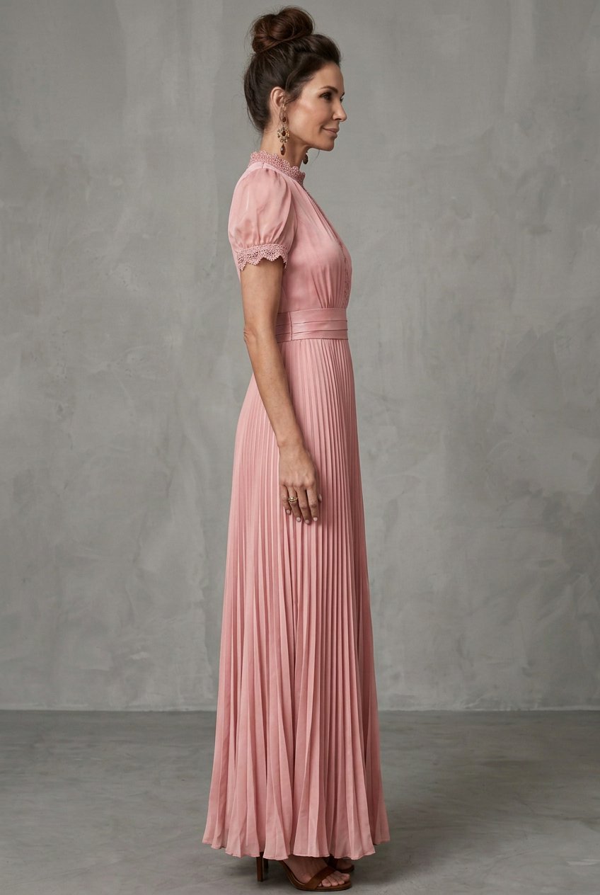 Women's Pleated Maxi Dress | Lace-Trim with Keyhole Neckline Front