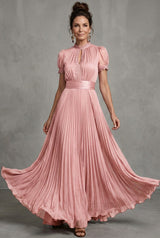 Women's Pleated Maxi Dress | Lace-Trim with Keyhole Neckline