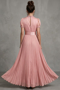 Women's Pleated Maxi Dress | Lace-Trim with Keyhole Neckline Side