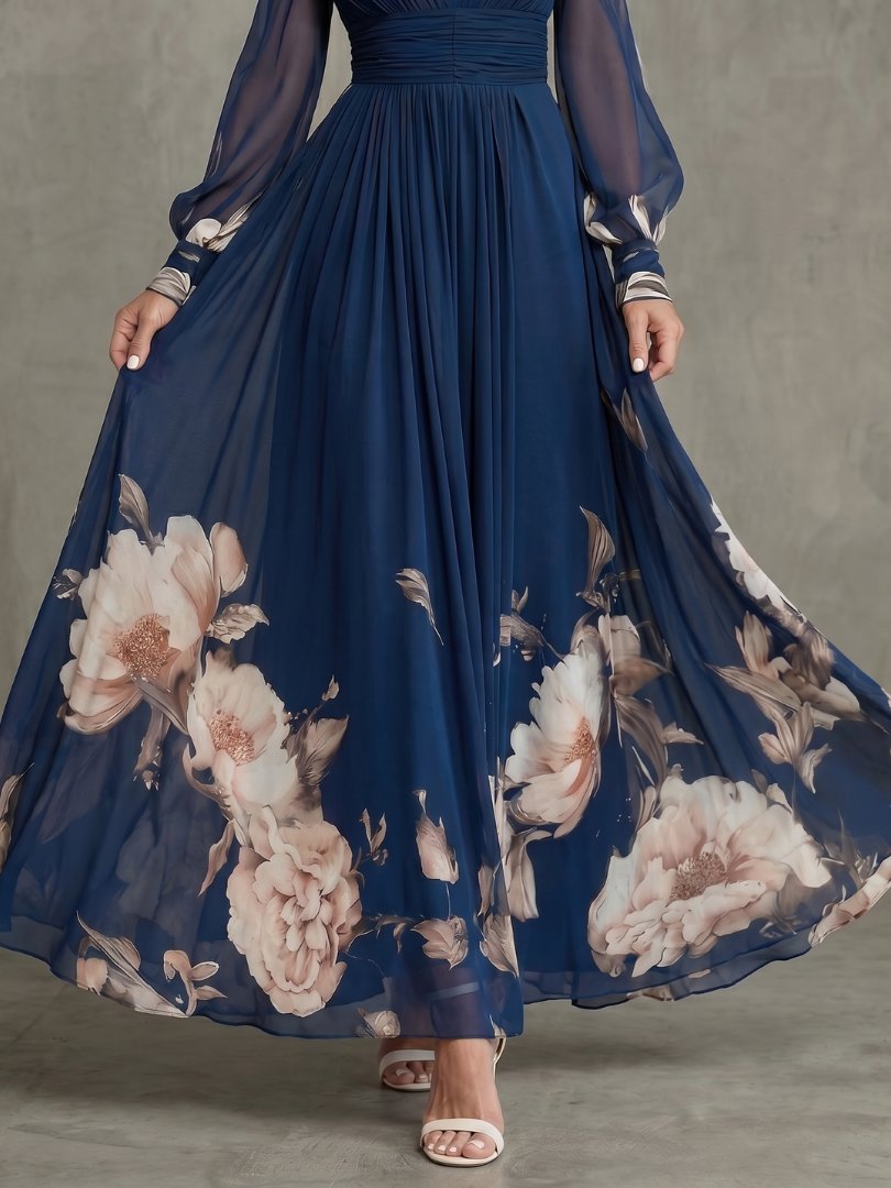 Women's Pleated Maxi Dress with Long Sheer Sleeves Detail
