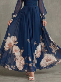 Women's Pleated Maxi Dress with Long Sheer Sleeves Detail
