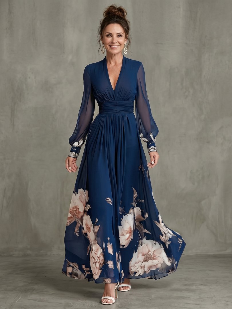 Women's Pleated Maxi Dress with Long Sheer Sleeves Hero