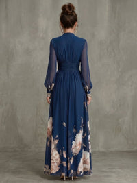 Women's Pleated Maxi Dress with Long Sheer Sleeves Side
