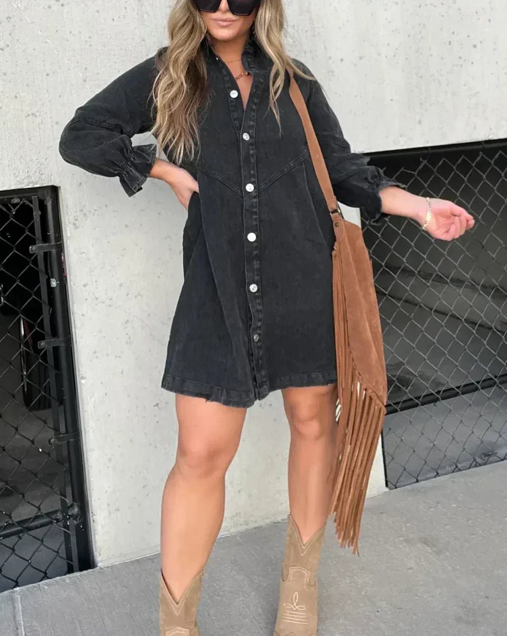 Women's Puff Sleeve Denim Mini Dress with Smocked Cuffs Alternate
