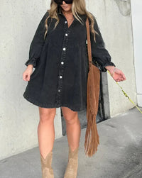 Women's Puff Sleeve Denim Mini Dress with Smocked Cuffs Angle