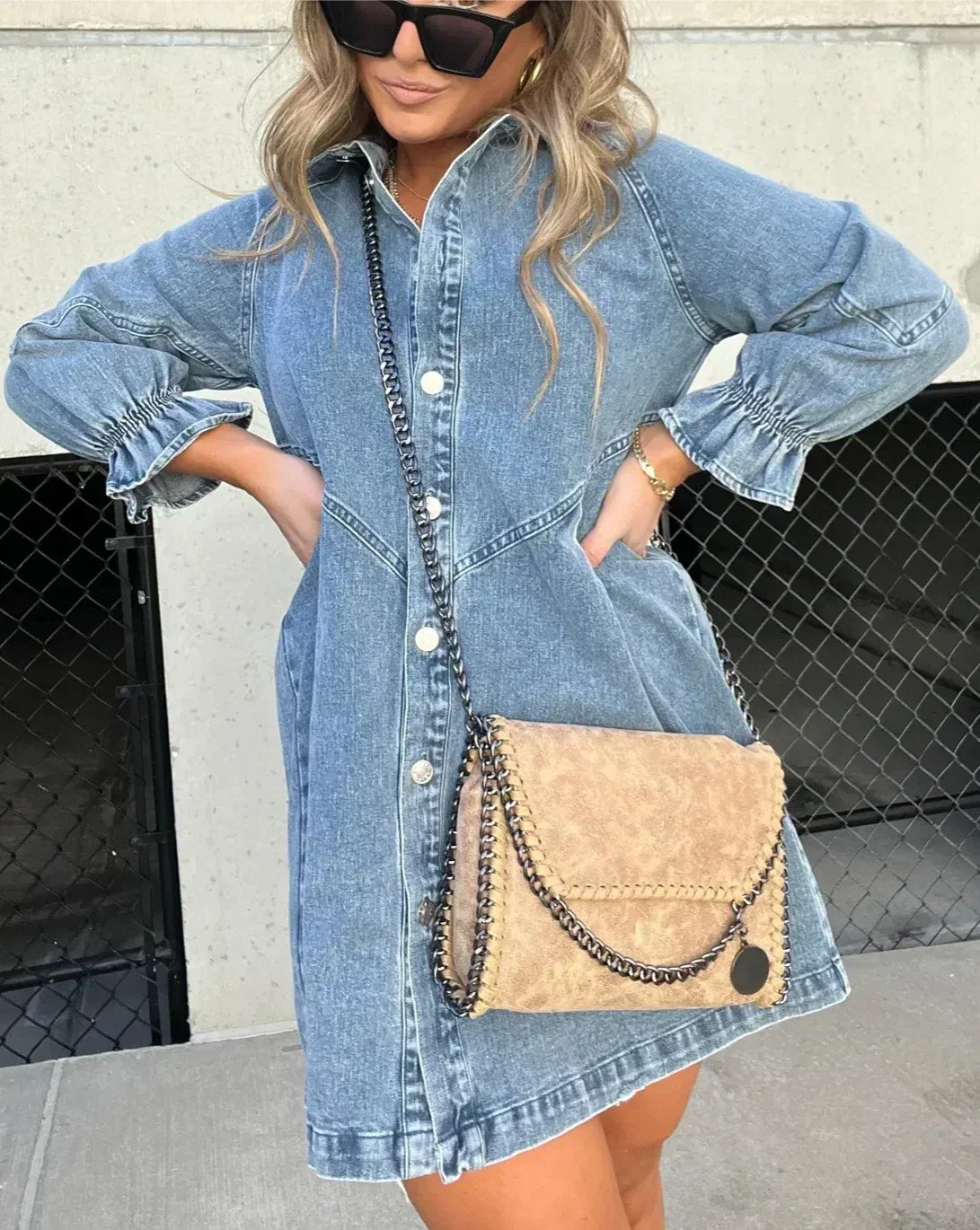 Women's Puff Sleeve Denim Mini Dress with Smocked Cuffs Back