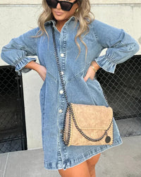 Women's Puff Sleeve Denim Mini Dress with Smocked Cuffs Back