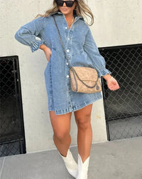 Women's Puff Sleeve Denim Mini Dress with Smocked Cuffs Close Up