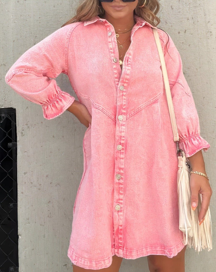 Women's Puff Sleeve Denim Mini Dress with Smocked Cuffs Side