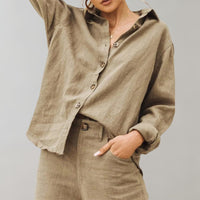 Women's Relaxed Fit Linen Blouse | Linen Shirt with Classic Collar Detail