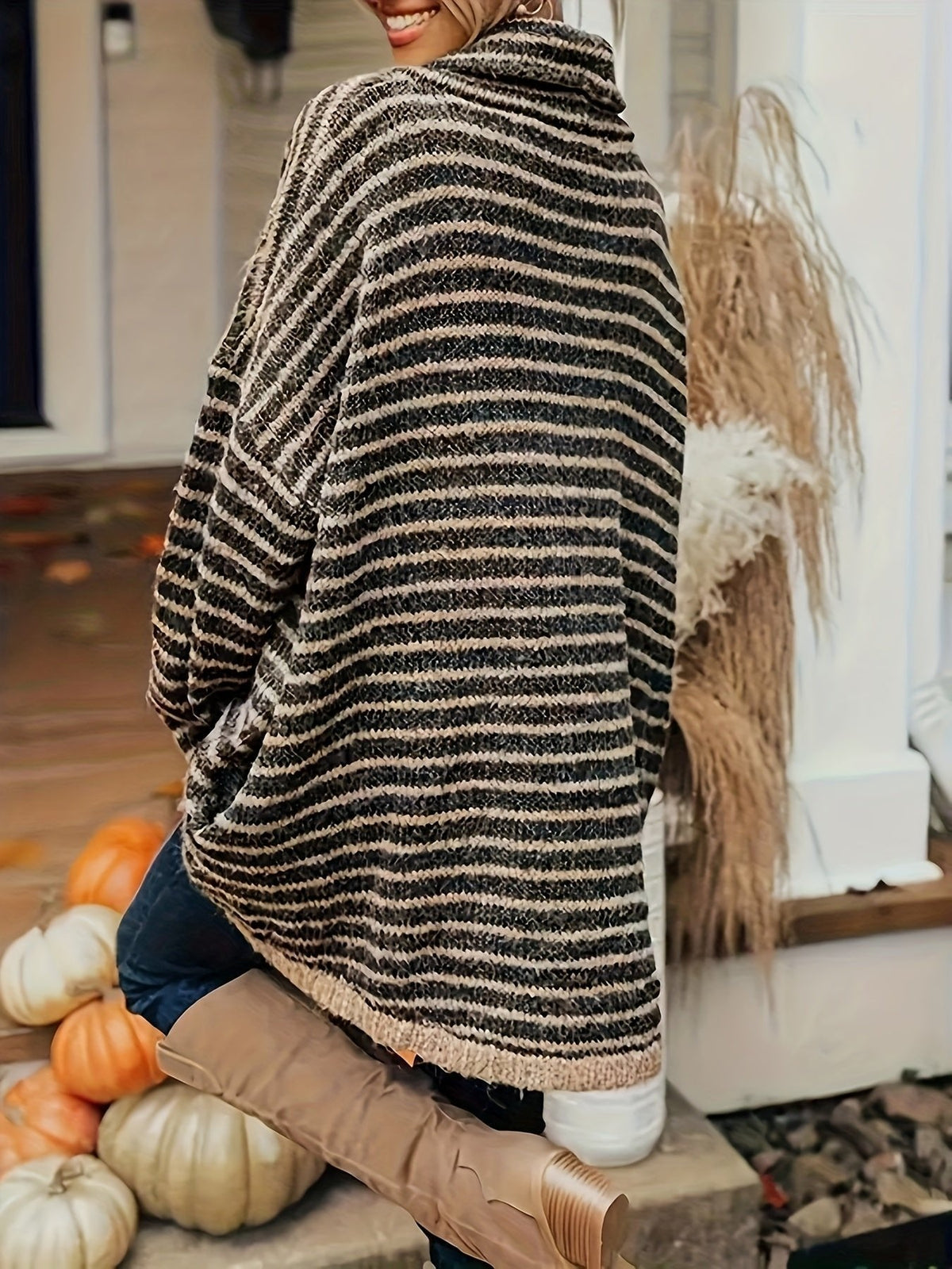 Women's Relaxed High Neck Sweater with Batwing Sleeves Detail