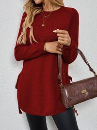 Women's Relaxed Longline Sweater with Side Tie Detail Close Up