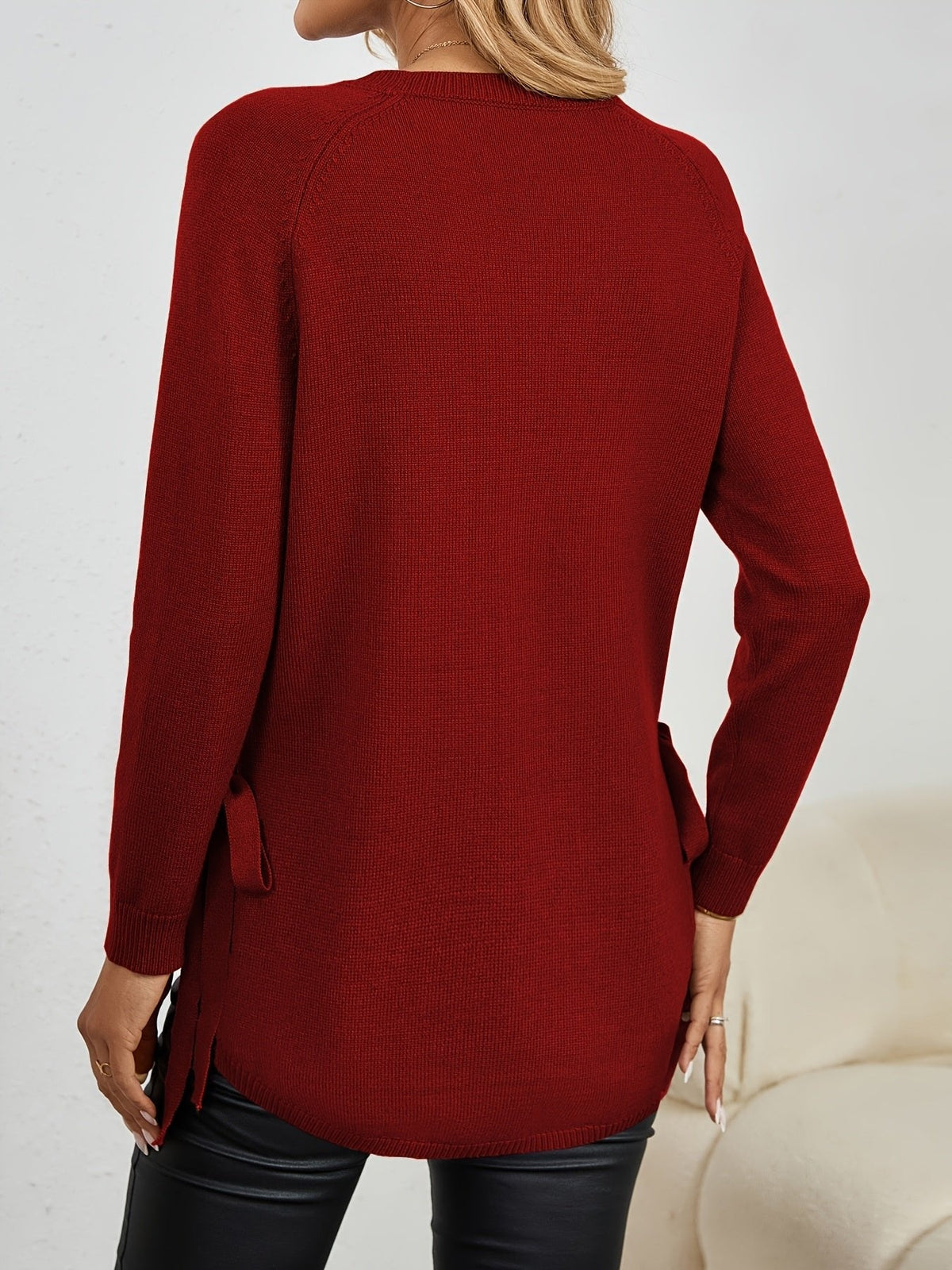 Women's Relaxed Longline Sweater with Side Tie Detail Front
