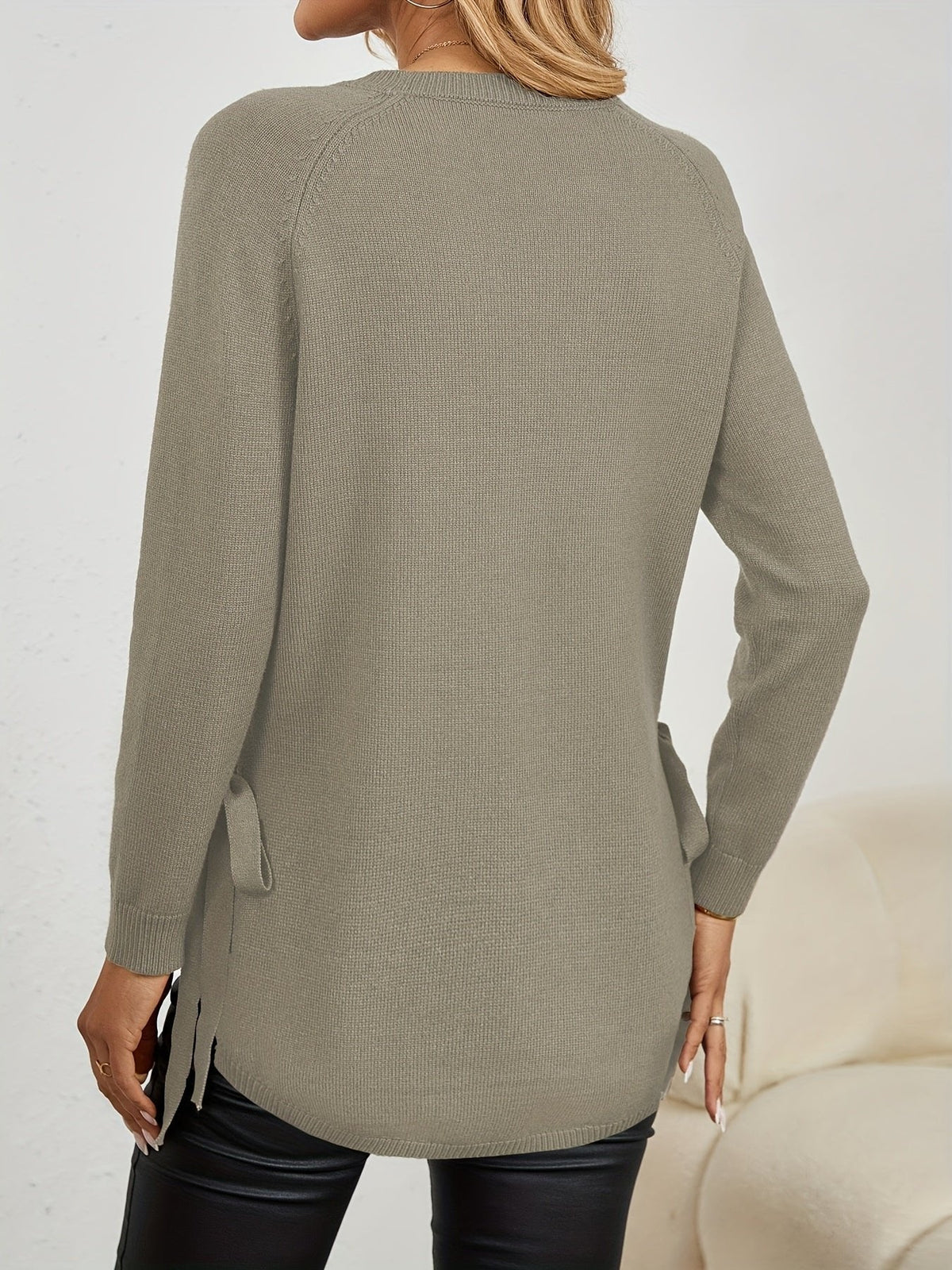 Women's Relaxed Longline Sweater with Side Tie Detail Full