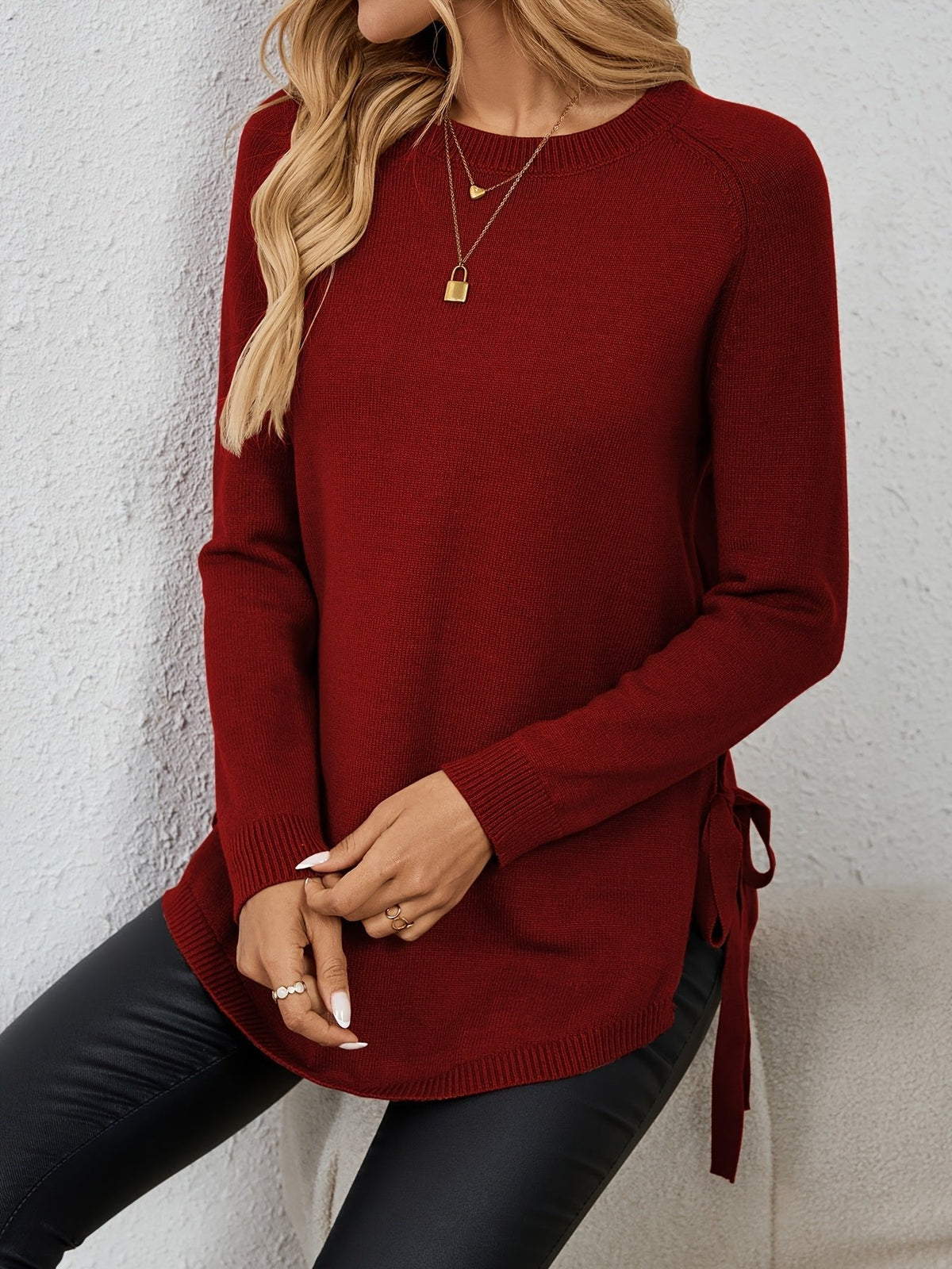 Women's Relaxed Longline Sweater with Side Tie Detail Side