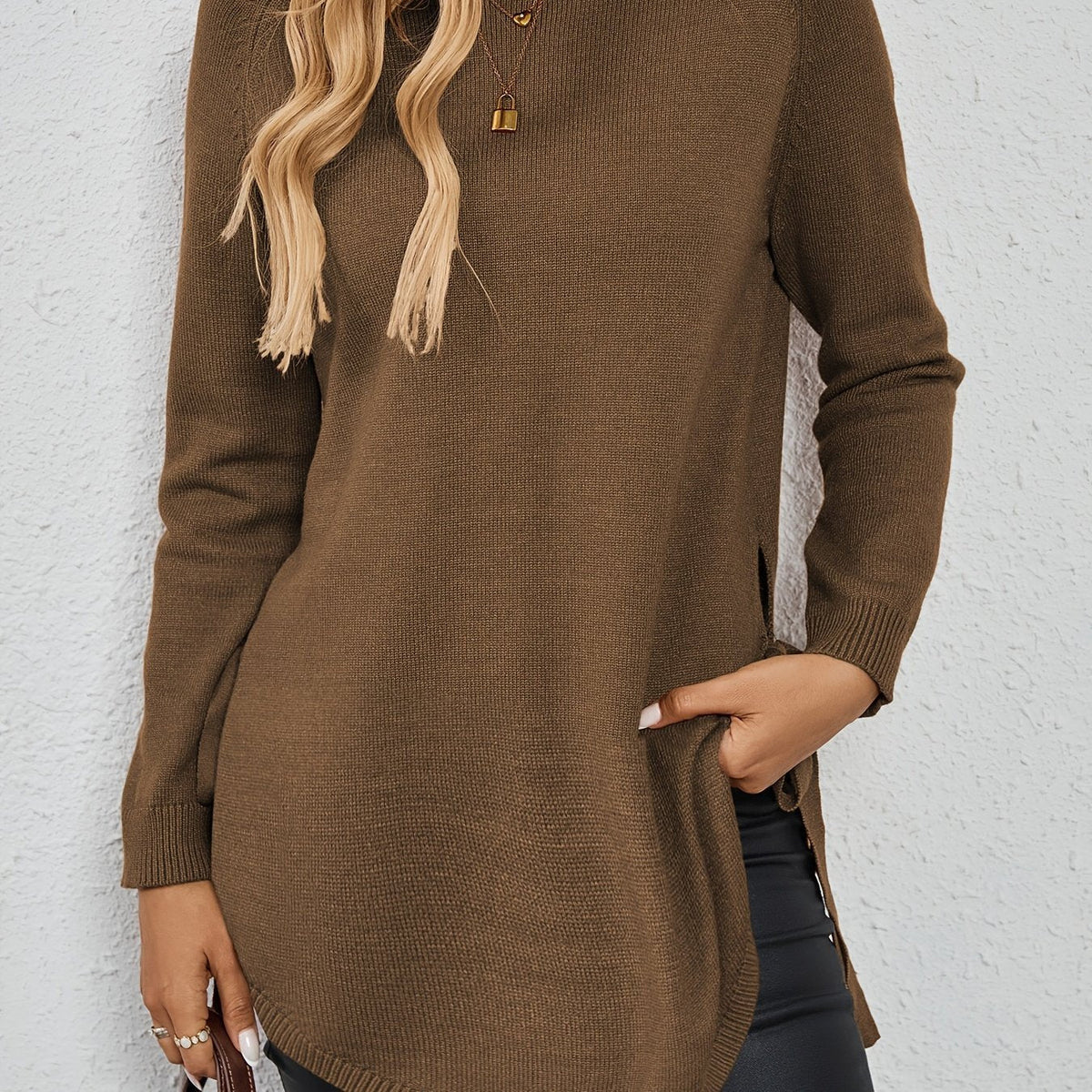 Women's Relaxed Longline Sweater with Side Tie Detail View 11