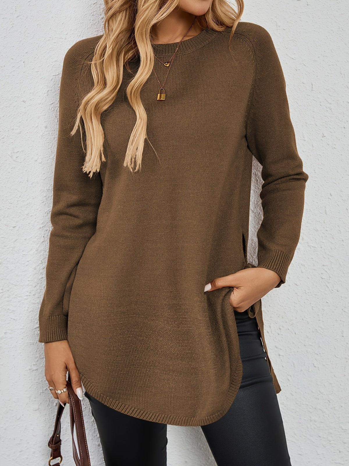 Women's Relaxed Longline Sweater with Side Tie Detail View 13