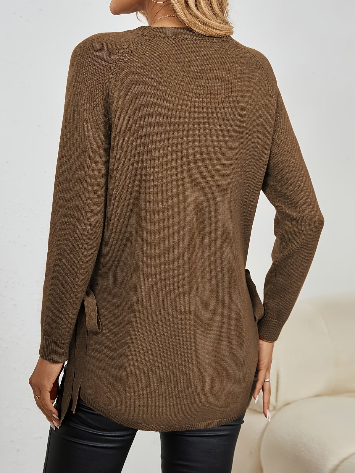 Women's Relaxed Longline Sweater with Side Tie Detail View 14