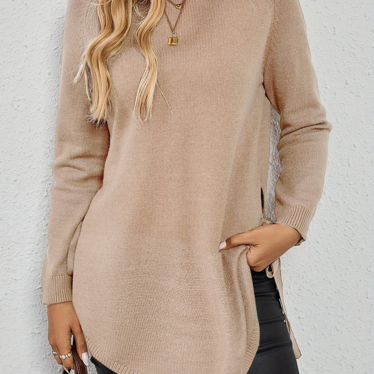 Women's Relaxed Longline Sweater with Side Tie Detail View 15