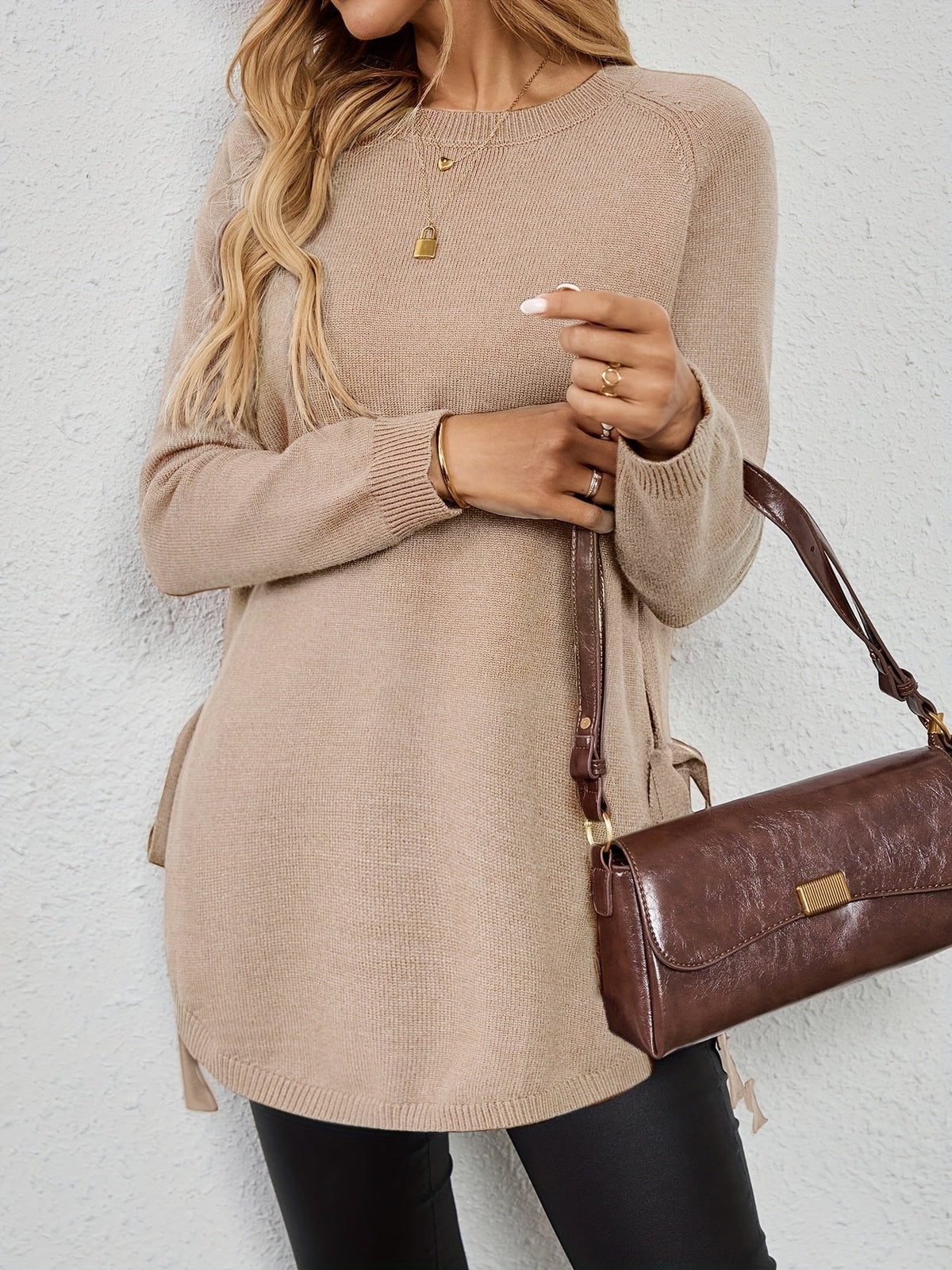 Women's Relaxed Longline Sweater with Side Tie Detail View 20