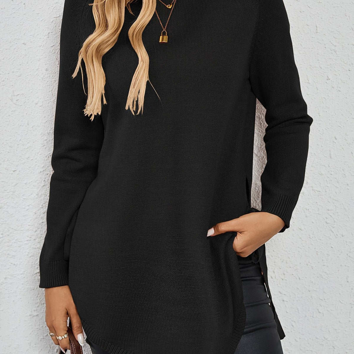 Women's Relaxed Longline Sweater with Side Tie Detail View 23