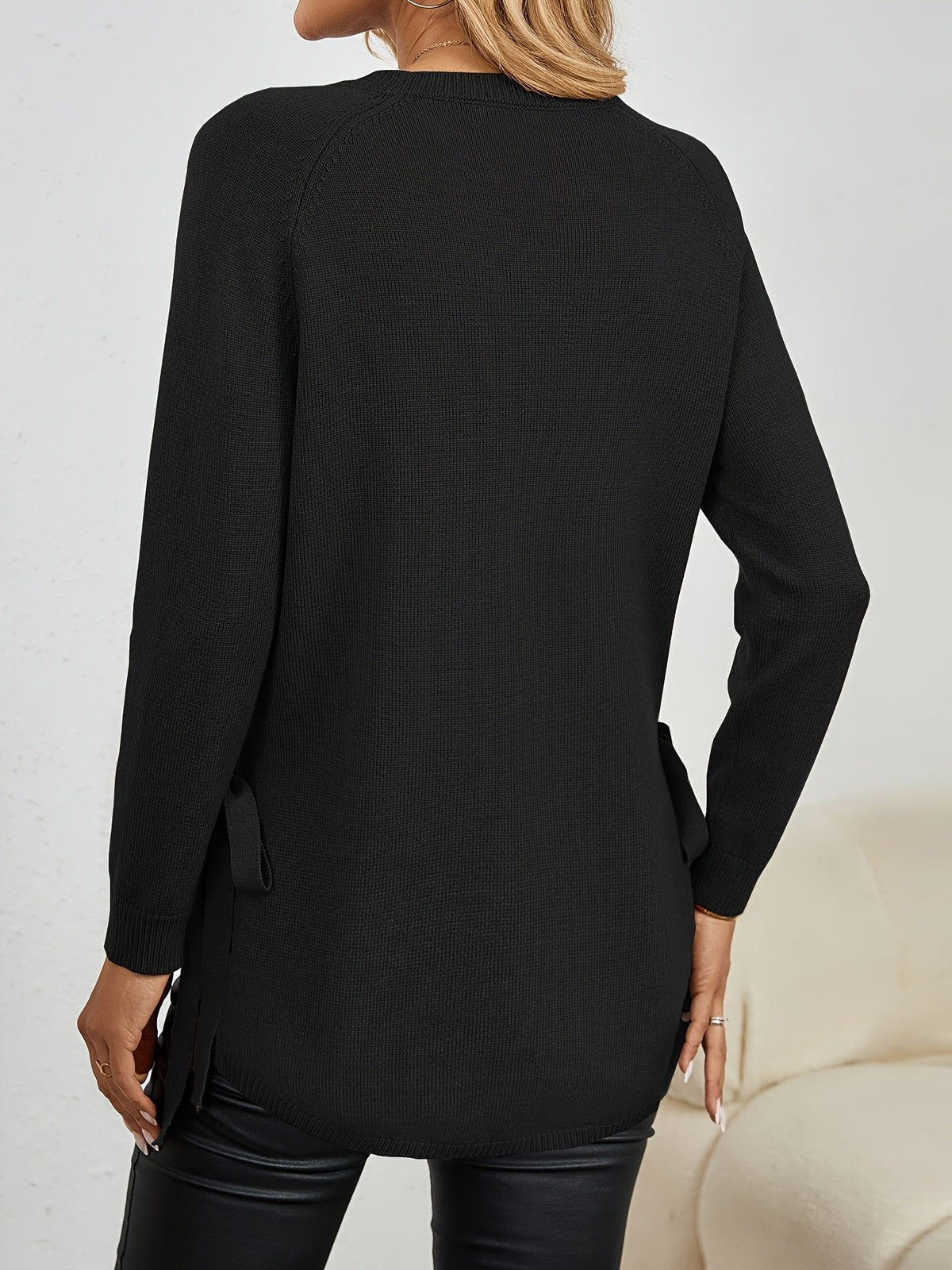 Women's Relaxed Longline Sweater with Side Tie Detail View 25