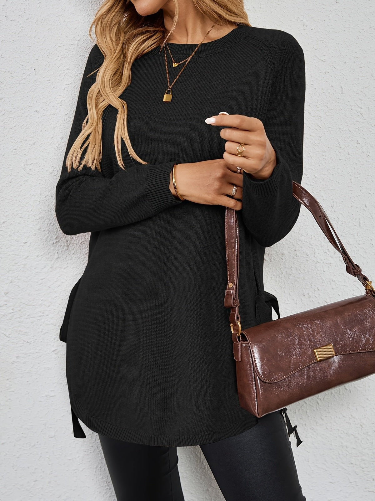 Women's Relaxed Longline Sweater with Side Tie Detail View 26