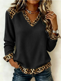 Women's Relaxed V Neck Top with Animal Print Trim Alternate