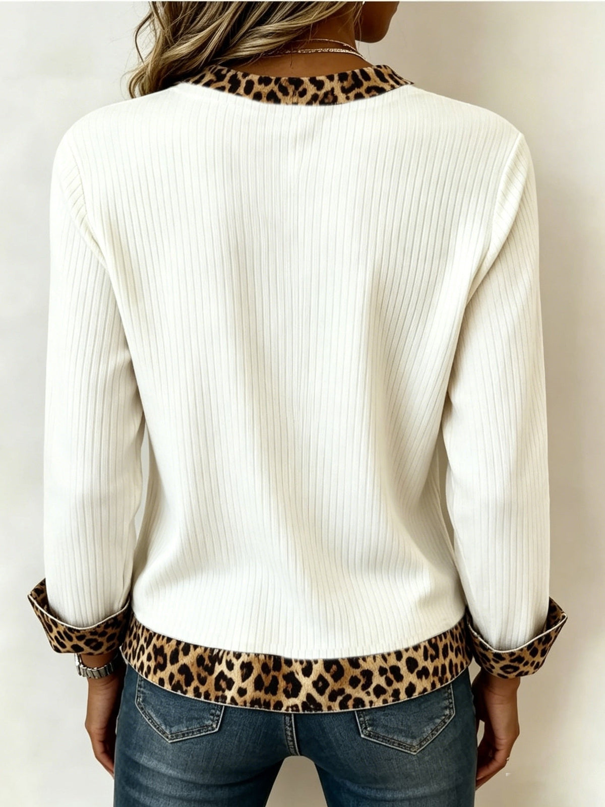 Women's Relaxed V Neck Top with Animal Print Trim Detail