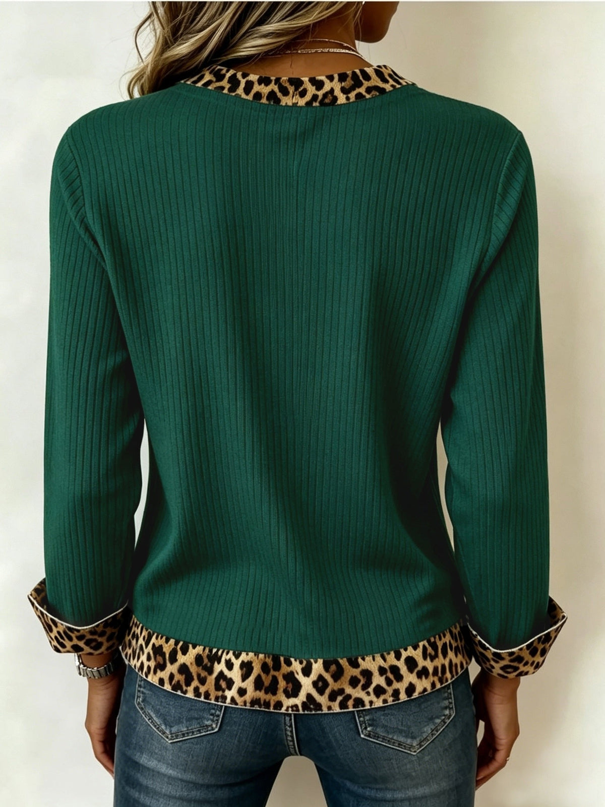 Women's Relaxed V Neck Top with Animal Print Trim View 13