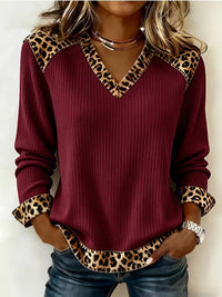 Women's Relaxed V Neck Top with Animal Print Trim View 14