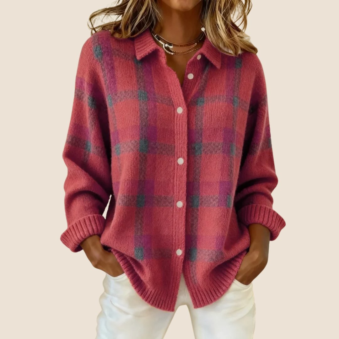 Women's Retro Check Sweater with Soft Knit Back