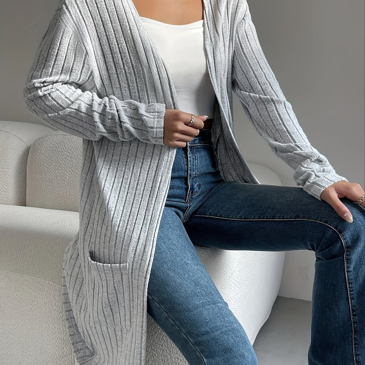 Women's Ribbed Open Front Cardigan with Longline Drape Hero