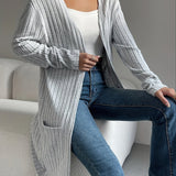 Women's Ribbed Open Front Cardigan with Longline Drape