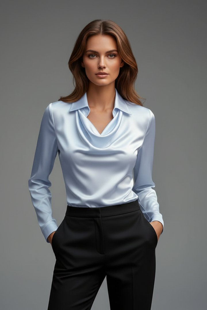 Women's Satin Blouse with Draped Collar and Long Sleeves Angle