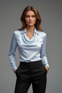 Women's Satin Blouse with Draped Collar and Long Sleeves Angle