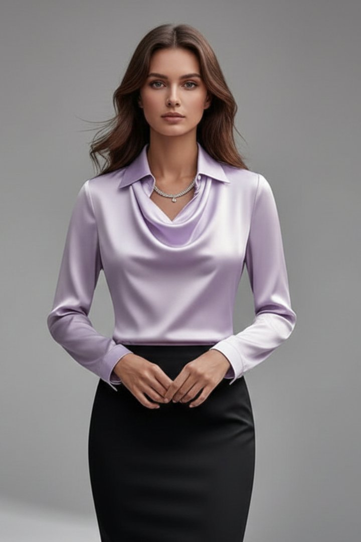 Women's Satin Blouse with Draped Collar and Long Sleeves Full