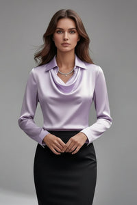 Women's Satin Blouse with Draped Collar and Long Sleeves Full