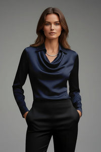 Women's Satin Blouse with Draped Collar and Long Sleeves Lifestyle