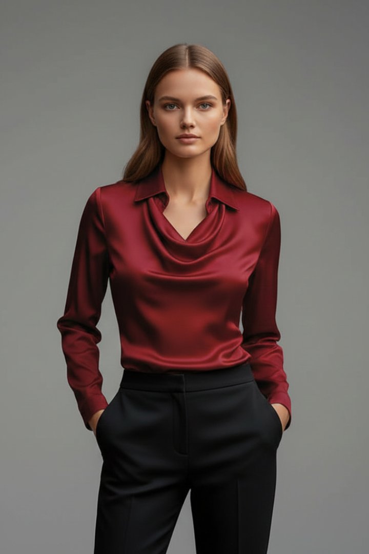 Women's Satin Blouse with Draped Collar and Long Sleeves Side